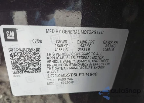 2020 Chevrolet Malibu Fwd Ls z USA, uszkodzony, nr VIN 1G1ZB5ST5LF144840